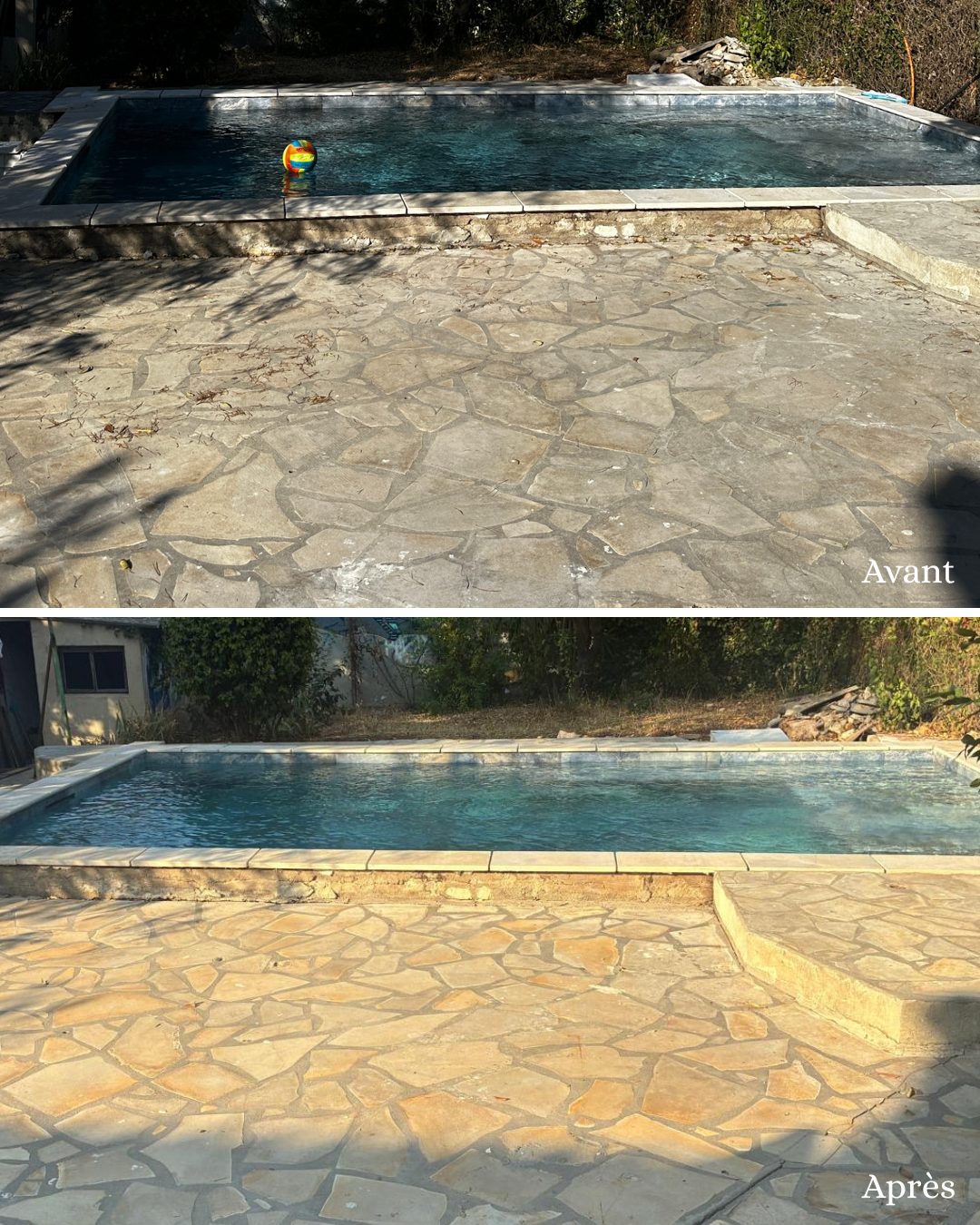 Terrasse en pierre naturelle au bord d'une piscine avant et après nettoyage vapeur à Montpellier