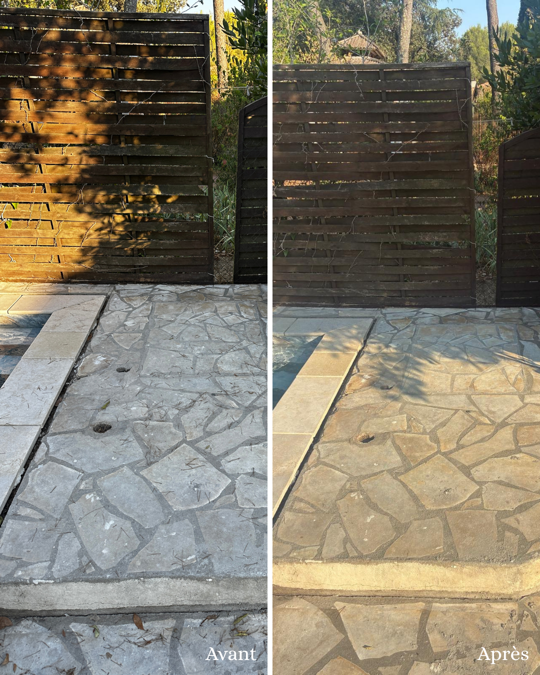Terrasse et margelles de piscine avant et après nettoyage vapeur écologique