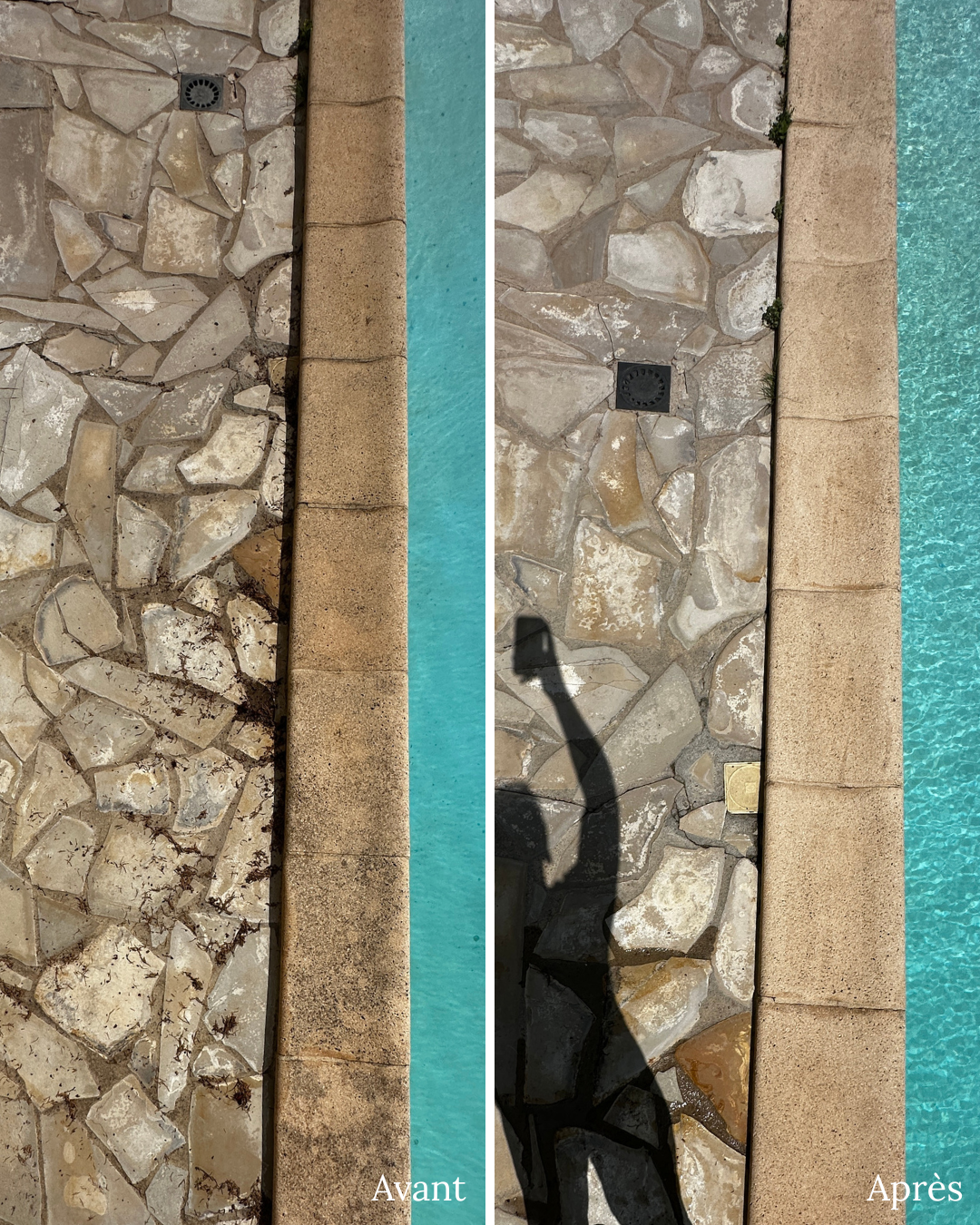 Pierre naturelle et margelle de piscine avant et après nettoyage vapeur dans le 34